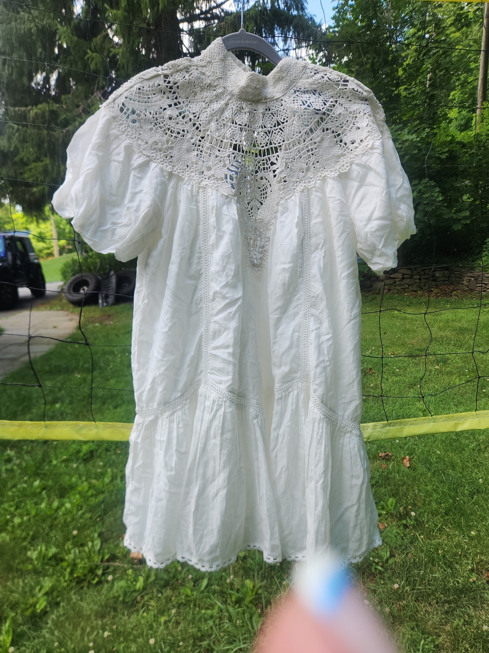 Anthropologie Crochet Lace Yoke Puff Sleeve Mini Dress White Boho Size XS